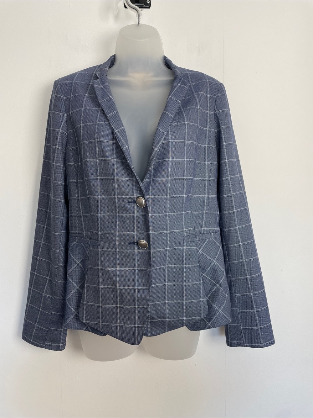 Etcetera Windowpane-Check Button Blazer Jacket Faux Pocket Collarless Women's 8